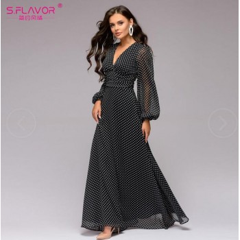 S.FLAVOR Bohemian Retro Dot Printed Women Party Dress Spring Summer Deep V-neck Sexy Long Sleeve Chiffon Long Dress Vestidos De