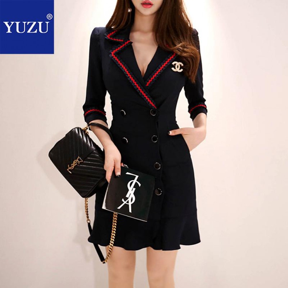Black Blazer Dress Office Double-breasted Ruffle With Brooch Pencil Solid Three Quarter Sleeve Turn-down Collar Autumn Dresse
