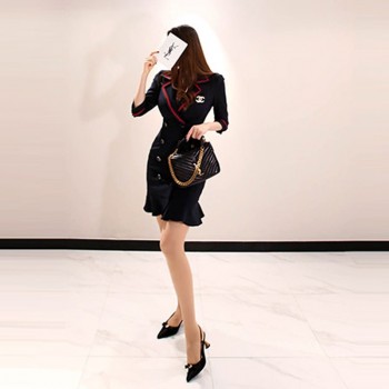 Black Blazer Dress Office Double-breasted Ruffle With Brooch Pencil Solid Three Quarter Sleeve Turn-down Collar Autumn Dresse