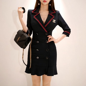 Black Blazer Dress Office Double-breasted Ruffle With Brooch Pencil Solid Three Quarter Sleeve Turn-down Collar Autumn Dresse