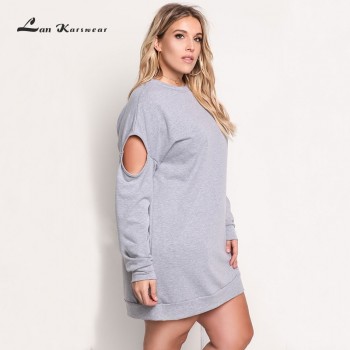 Lan Karswear 2019 womens Dress Casual Long Sleeve O-neck Knitting Hollow Out Plus Size Vestido Free Shipping XXXL Office Ladies