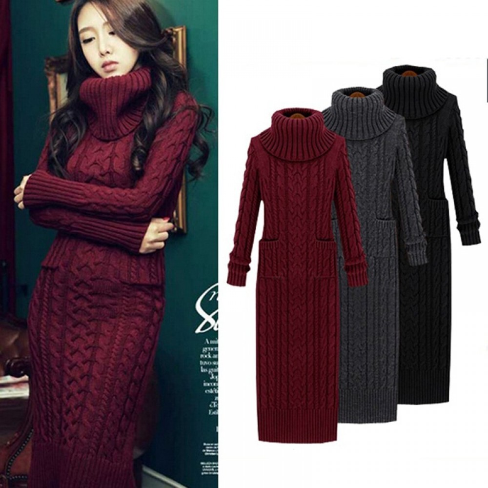 Women Winter Knit Dresses 2018 Europe Long Sleeve Turtleneck Casual Slim Warm Maxi Sweater Dress Plus Size Womens Clothing L-66