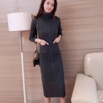 Women Winter Knit Dresses 2018 Europe Long Sleeve Turtleneck Casual Slim Warm Maxi Sweater Dress Plus Size Womens Clothing L-66