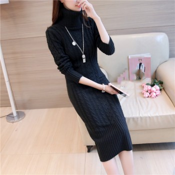 Women Winter Knit Dresses 2018 Europe Long Sleeve Turtleneck Casual Slim Warm Maxi Sweater Dress Plus Size Womens Clothing L-66