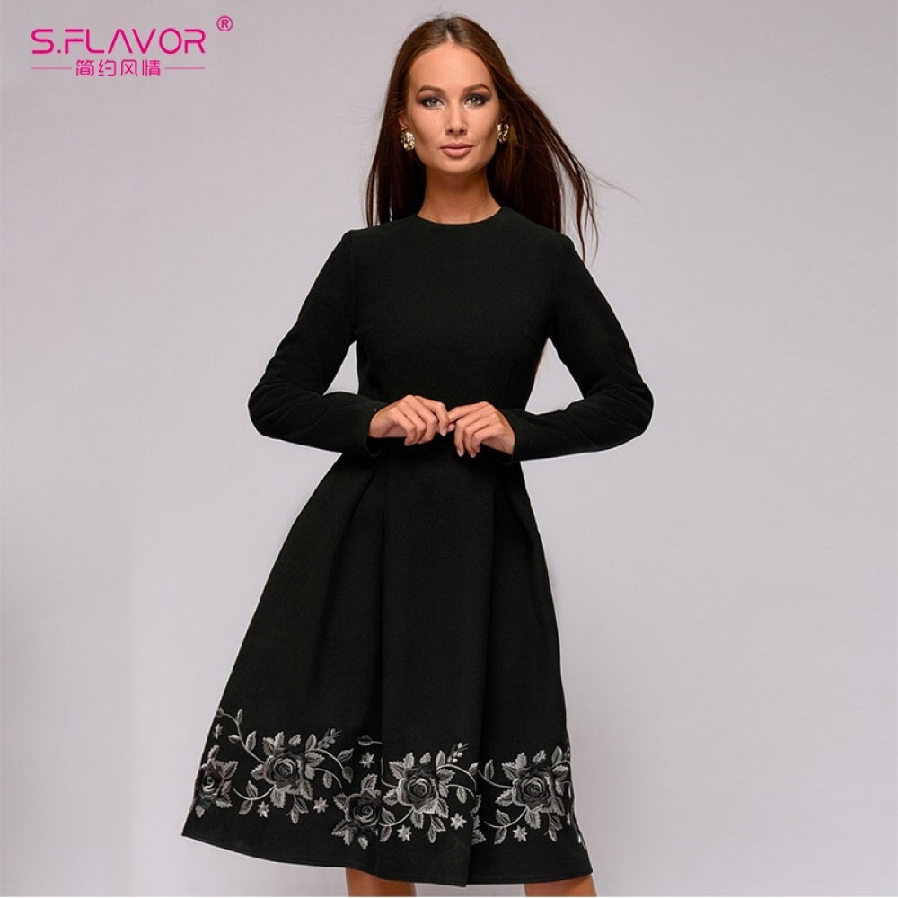 S.FLAVOR Spring Summer Women Black Embroidery A-line Dress Elegant O-neck Long Sleeve Casual Dress for Women Retro Vestidos De