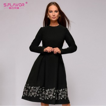 S.FLAVOR Spring Summer Women Black Embroidery A-line Dress Elegant O-neck Long Sleeve Casual Dress for Women Retro Vestidos De