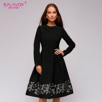 S.FLAVOR Spring Summer Women Black Embroidery A-line Dress Elegant O-neck Long Sleeve Casual Dress for Women Retro Vestidos De