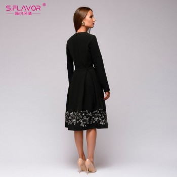 S.FLAVOR Spring Summer Women Black Embroidery A-line Dress Elegant O-neck Long Sleeve Casual Dress for Women Retro Vestidos De