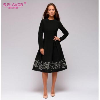 S.FLAVOR Spring Summer Women Black Embroidery A-line Dress Elegant O-neck Long Sleeve Casual Dress for Women Retro Vestidos De
