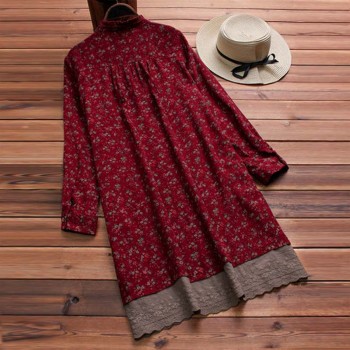 Women Floral Printed Dress Famale Patchwork Long Sleeve Ruffle Neck Buttons Up Long Shirt Dresses Casual Vestido Robe Plus Size