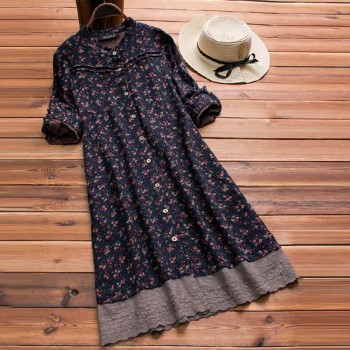 Women Floral Printed Dress Famale Patchwork Long Sleeve Ruffle Neck Buttons Up Long Shirt Dresses Casual Vestido Robe Plus Size