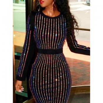 Stripes binding sequin party dress Women long sleeve diamonds bodycon sexy dress Shinny skinny dresses vestidos verano 2018