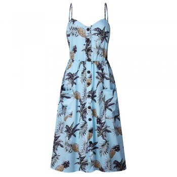 Modstreets 2018 Button Print Floral Sexy Casual Summer Strap Dress Long Boho Bohemian Beach pockets women dress Vintage Dress