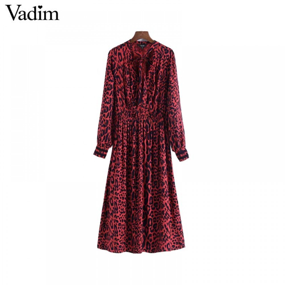 Vadim bow tie leopard print pleated dress red animal pattern elastic waist long sleeve chic midi dresses vestidos QA708