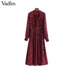 Vadim bow tie leopard print pleated dress red animal pattern elastic waist long sleeve chic midi dresses vestidos QA708
