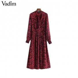 Vadim bow tie leopard print pleated dress red animal pattern elastic waist long sleeve chic midi dresses vestidos QA708