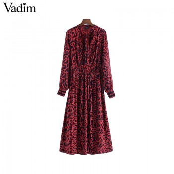 Vadim bow tie leopard print pleated dress red animal pattern elastic waist long sleeve chic midi dresses vestidos QA708