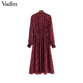 Vadim bow tie leopard print pleated dress red animal pattern elastic waist long sleeve chic midi dresses vestidos QA708