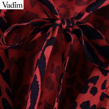 Vadim bow tie leopard print pleated dress red animal pattern elastic waist long sleeve chic midi dresses vestidos QA708