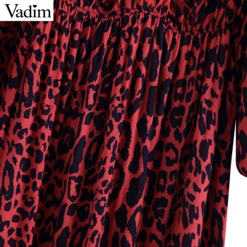 Vadim bow tie leopard print pleated dress red animal pattern elastic waist long sleeve chic midi dresses vestidos QA708