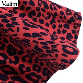 Vadim bow tie leopard print pleated dress red animal pattern elastic waist long sleeve chic midi dresses vestidos QA708