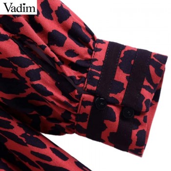 Vadim bow tie leopard print pleated dress red animal pattern elastic waist long sleeve chic midi dresses vestidos QA708