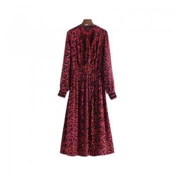 Vadim bow tie leopard print pleated dress red animal pattern elastic waist long sleeve chic midi dresses vestidos QA708