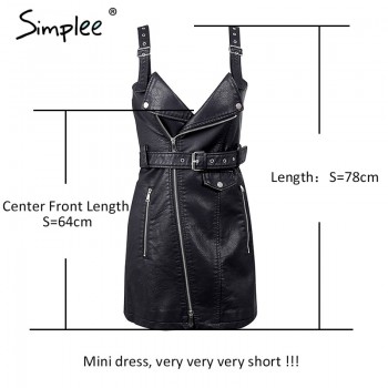 Simplee Fashion PU leather women dress V neck mini bodycon sexy dress Christmas zipper autumn winter short dress ladies vestido