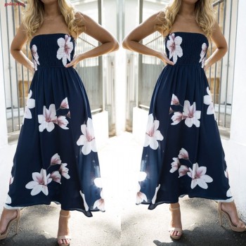 Fashion Sexy Off Shoulder Flower Dress Women Summer Sleeveless Wrap Chest Split Bohemian Beach Chiffon Dresses Clothes Plus Size