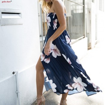 Fashion Sexy Off Shoulder Flower Dress Women Summer Sleeveless Wrap Chest Split Bohemian Beach Chiffon Dresses Clothes Plus Size