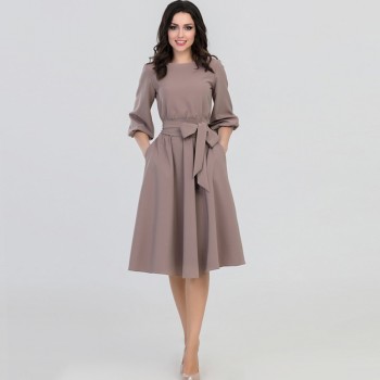 Young17 Women Spring Fall Vintage Long Dress Khaki Party Pleated Elegant Belt Retro Ladies Office Dresses Vestido 2019 Spring