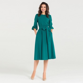 Young17 Women Spring Fall Vintage Long Dress Khaki Party Pleated Elegant Belt Retro Ladies Office Dresses Vestido 2019 Spring