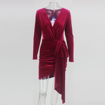 NATTEMAID Autumn Winter Wrap Bandage Bodycon Dresses Women Deep V Neck Mini Sexy Dress Elegant Red Velvet Party Dress Vestidos