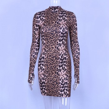 Hugcitar long sleeve high neck leopard print sexy dresses 2018 autumn winter women fahsion high waist Christmas party dresses