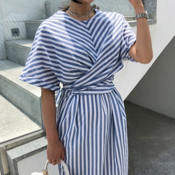 Korean Women Summer Cotton Blue Striped Bandage Split Long Dress Female Long Bodycon Plus Size Vestido Robe Femme Ete Sukienki
