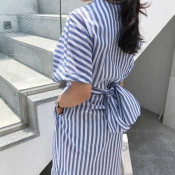 Korean Women Summer Cotton Blue Striped Bandage Split Long Dress Female Long Bodycon Plus Size Vestido Robe Femme Ete Sukienki