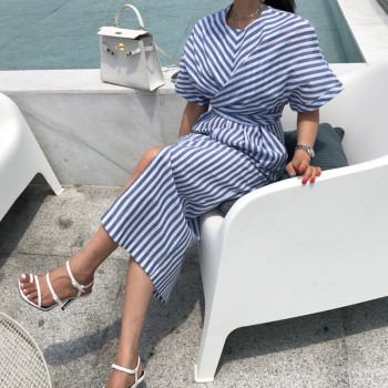 Korean Women Summer Cotton Blue Striped Bandage Split Long Dress Female Long Bodycon Plus Size Vestido Robe Femme Ete Sukienki