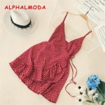 ALPHALMODA 2018 Summer Women Ruffled V-collar Sleeveless Sling Dress Popular Polka Dot Prints Irregular Ruffled Holiday Vestidos