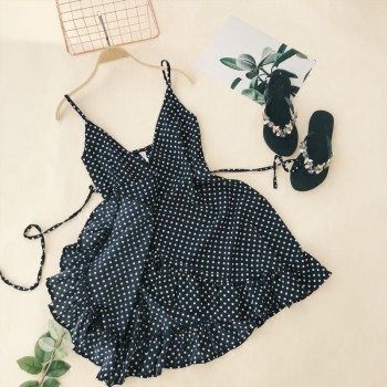 ALPHALMODA 2018 Summer Women Ruffled V-collar Sleeveless Sling Dress Popular Polka Dot Prints Irregular Ruffled Holiday Vestidos