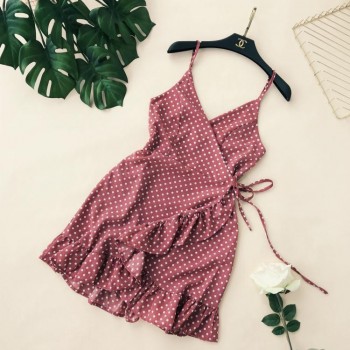 ALPHALMODA 2018 Summer Women Ruffled V-collar Sleeveless Sling Dress Popular Polka Dot Prints Irregular Ruffled Holiday Vestidos
