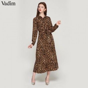 Vadim women leopard print ankle length dress bow tie sashes long sleeve retro ladies casual chic dresses vestidos QA472