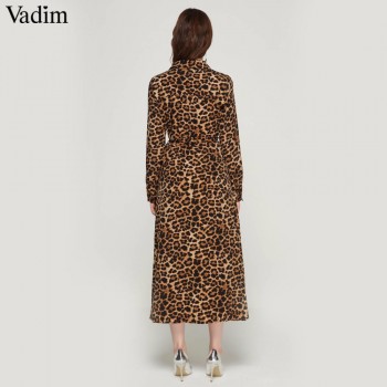 Vadim women leopard print ankle length dress bow tie sashes long sleeve retro ladies casual chic dresses vestidos QA472