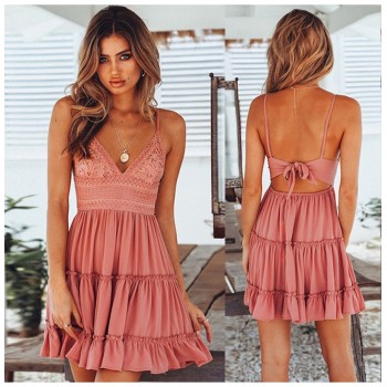 2019 Women Summer Sexy White Lace Backless Spaghetti Strap Dress Casual V-neck Mini Beach Sundress Halter Bow Elegant Dresses