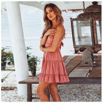 2019 Women Summer Sexy White Lace Backless Spaghetti Strap Dress Casual V-neck Mini Beach Sundress Halter Bow Elegant Dresses