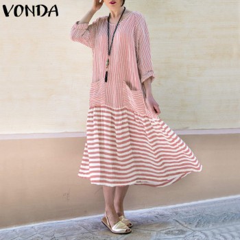 VONDA Dress For Women 2018 Vintage Boho Long Dress Casual Long Sleeve Stripe Patchwork Loose Party Vestidos Female Oversized