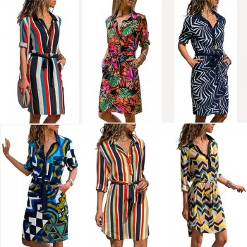 Autumn Summer Dress 2018 Women Striped Print Lace Up Beach Dress Elegant Party Dresses With Button Vestido De Fiesta Plus Size