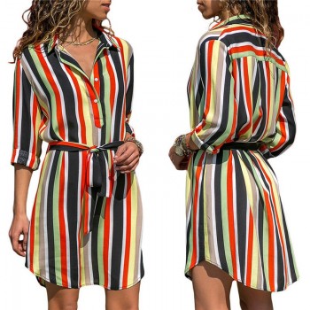 Autumn Summer Dress 2018 Women Striped Print Lace Up Beach Dress Elegant Party Dresses With Button Vestido De Fiesta Plus Size