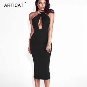 Articat Hollow Out Party Bodycon Bandage Dress Women 2017 Off Shoulder Choker Long Pencil Dress Sexy Backless Split Winter Dress