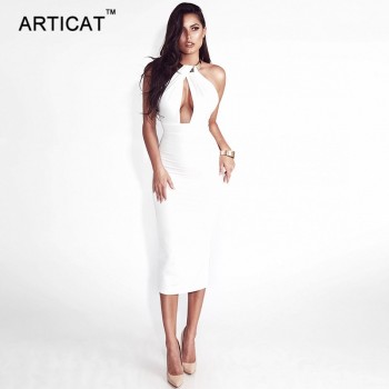 Articat Hollow Out Party Bodycon Bandage Dress Women 2017 Off Shoulder Choker Long Pencil Dress Sexy Backless Split Winter Dress