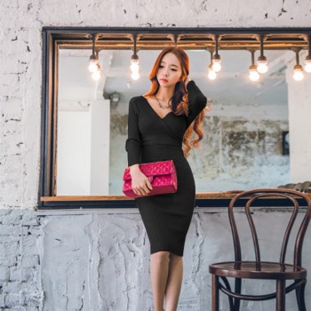 Fit 45-70KG Autumn Winter Women Knitted Cotton Skinny Sweater Dress V-neck Slim Bodycon Dress Elegant Pink Sexy Party Vestidos